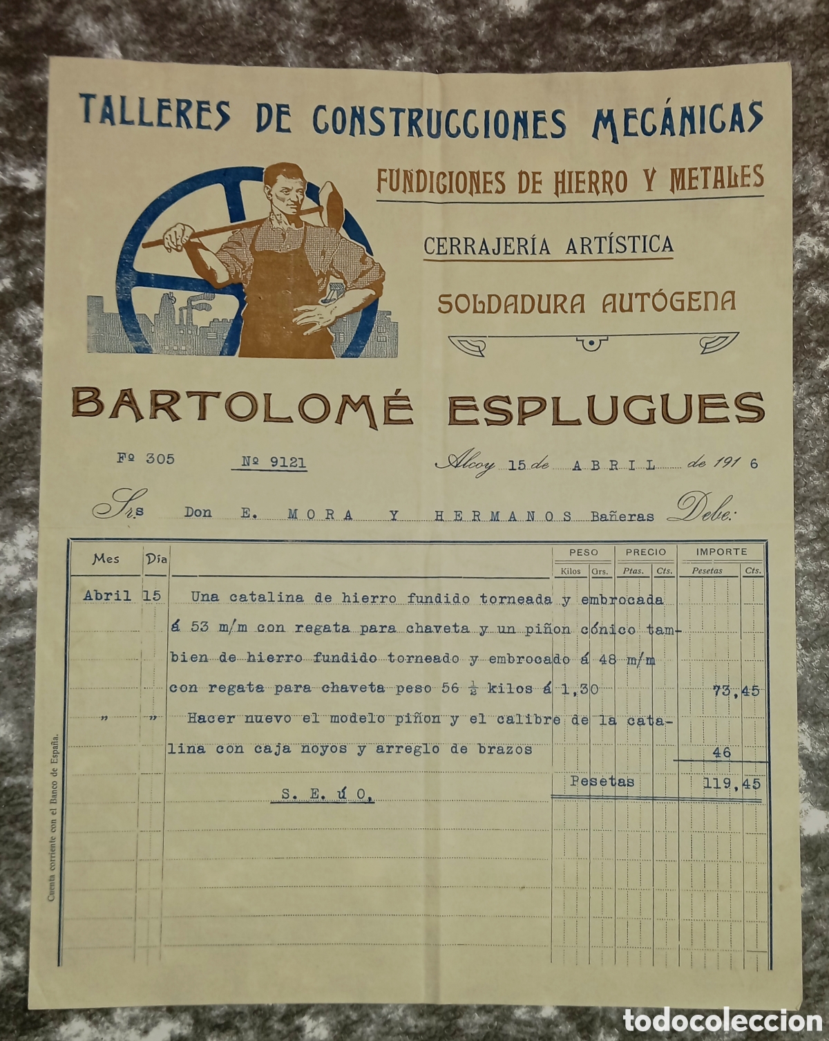 Facturas antiguas: DOCUMENTO BARTOLOM&Eacute; ESPLUGUES - ALCOY 1916 - Foto 1