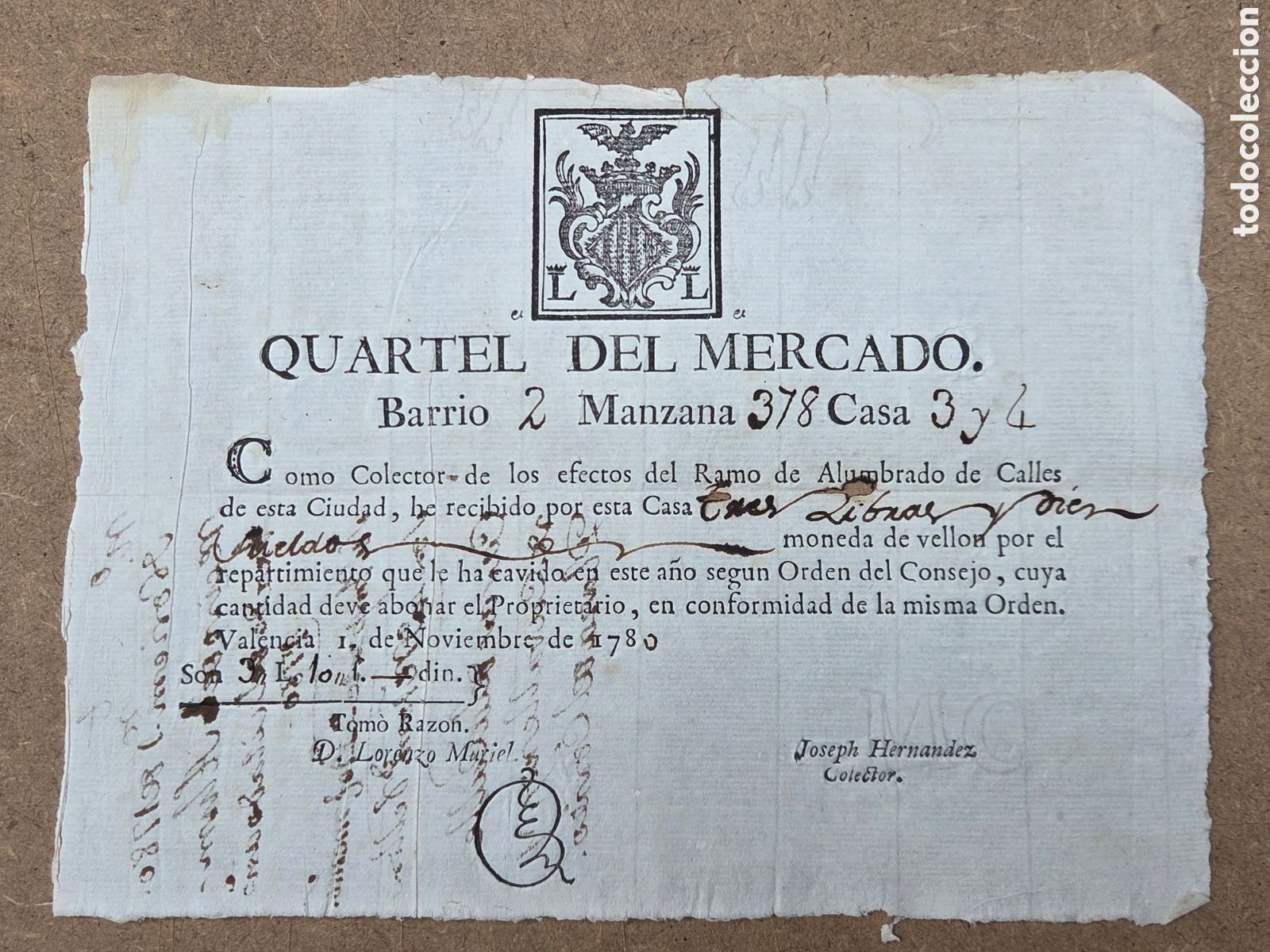 Facturas antiguas: VALENCIA 1780 RECIBO DE ALUMBRADO DE CALLES QUARTEL DEL MERCADO