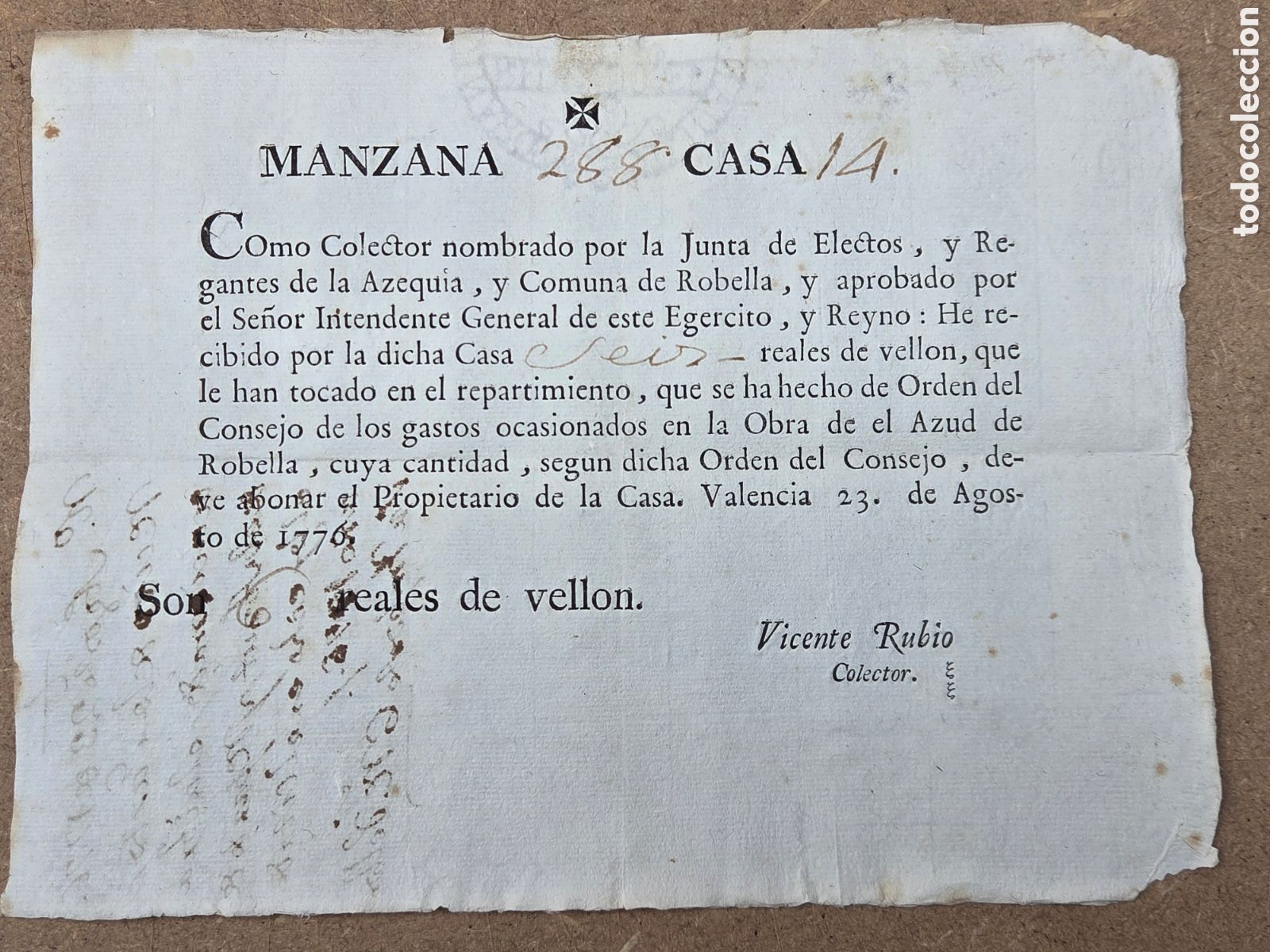 Facturas antiguas: VALENCIA 1776 RECIBO OBRA AZUD DE ROBELLA
