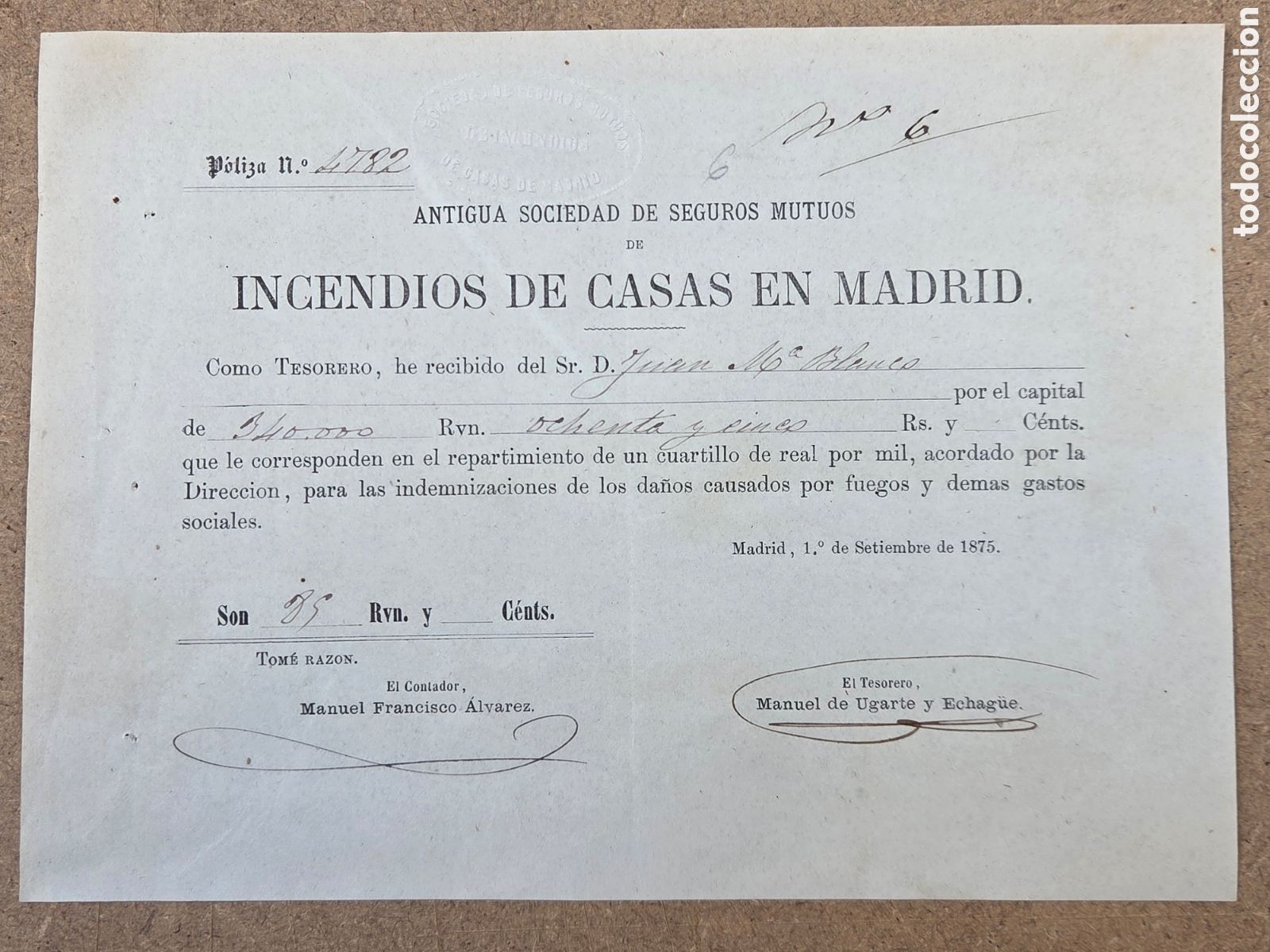 Facturas antiguas: MADRID 1875 RECIBO SEGURO INCENDIO DE CASAS