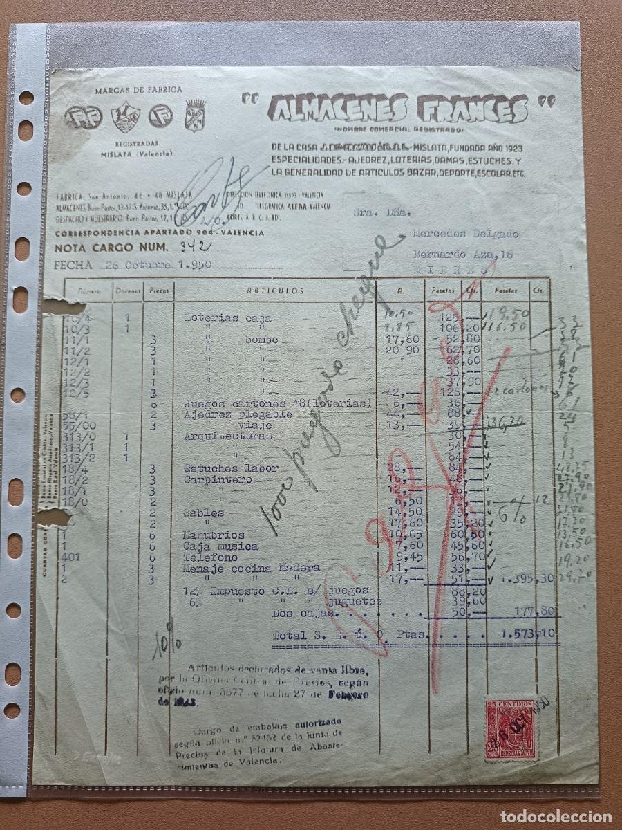 Facturas antiguas: ALMACENES FRANCES- MISLATA- 1950 - Foto 1