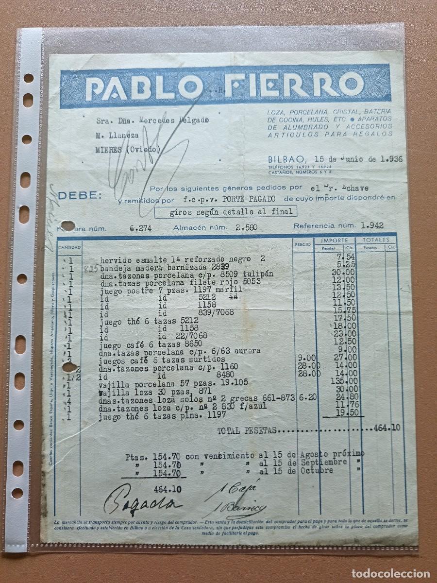 Facturas antiguas: PABLO FIERRO- BILBAO- 1936 - Foto 1