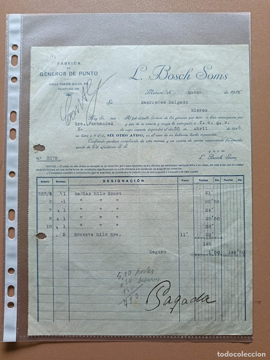 Facturas antiguas: L. BOSCH SOMS- MATAR&Oacute;- 1935 - Foto 1