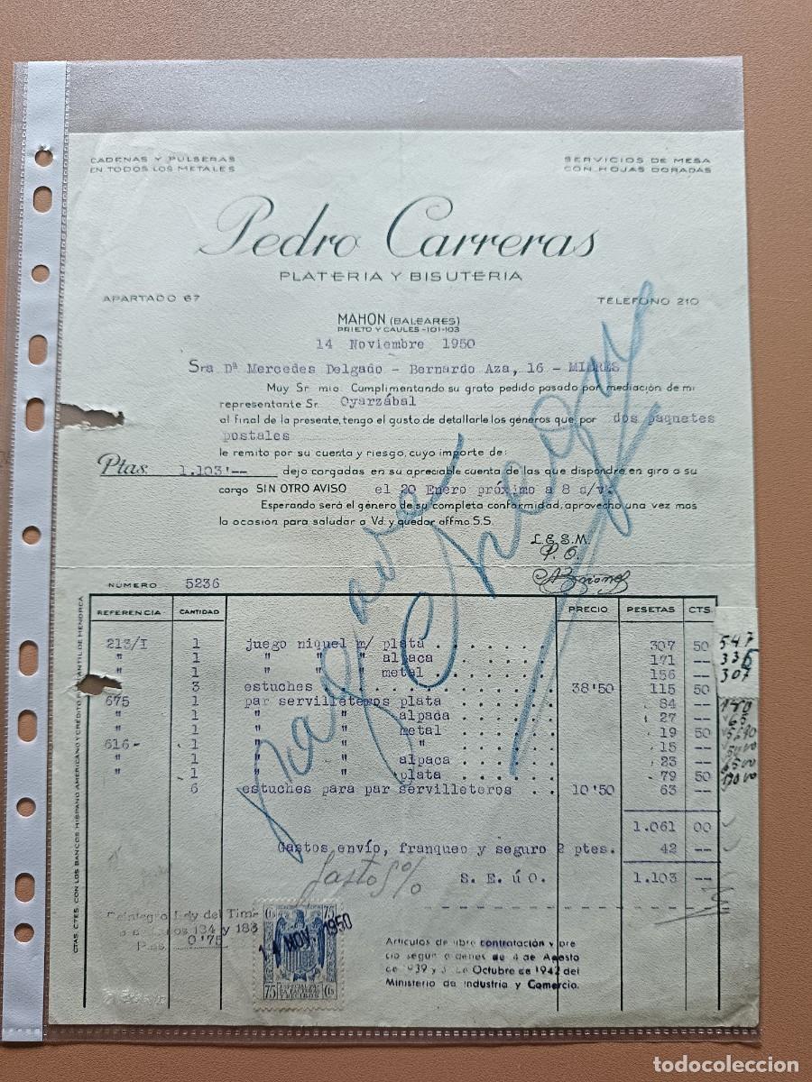 Facturas antiguas: PEDRO CARRERAS - MAH&Oacute;N - 1950 - Foto 1