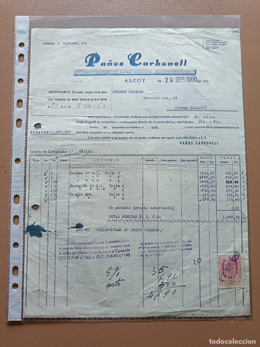 Facturas antiguas: PA&Ntilde;OS CARBONELL- ALCOY- 1950 - Foto 1