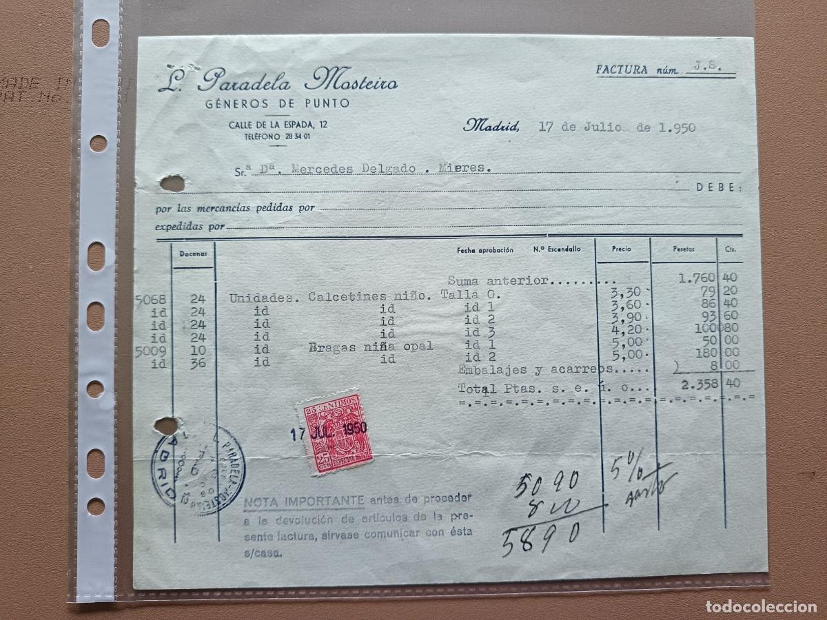 Facturas antiguas: L. PARADELA MOSTEIRO- MADRID- 1950 - Foto 1