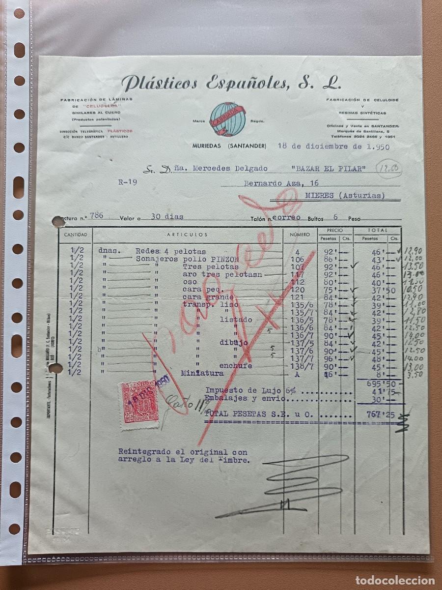 Facturas antiguas: PL&Aacute;STICOS ESPA&Ntilde;OLES- MURIEDAS- 1950 - Foto 1