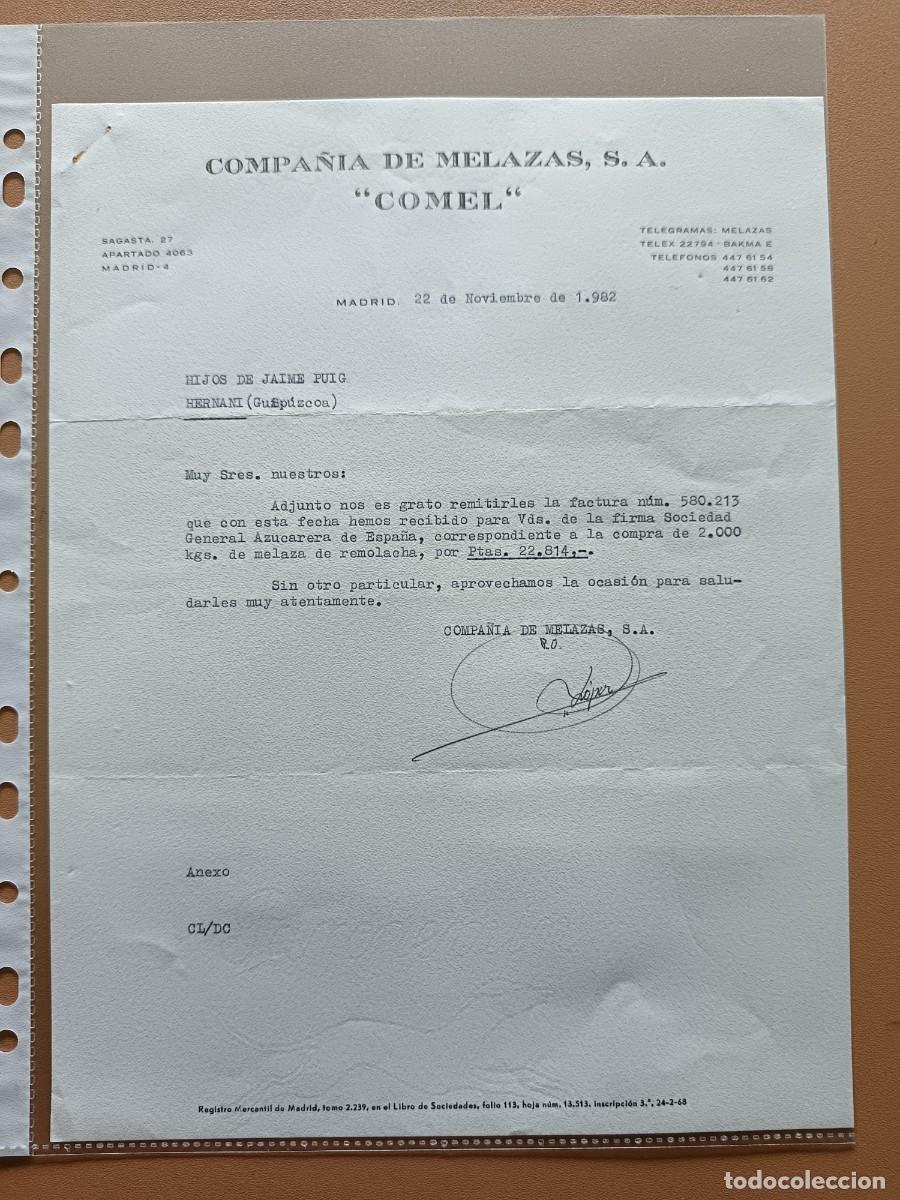 Facturas antiguas: COMEL. COMPA&Ntilde;&Iacute;A DE MELAZAS SA. -MADRID - 1982 - Foto 1