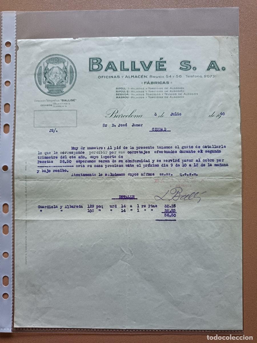 Facturas antiguas: BALLV&Eacute; SA- BARCELONA - 1940 - Foto 1