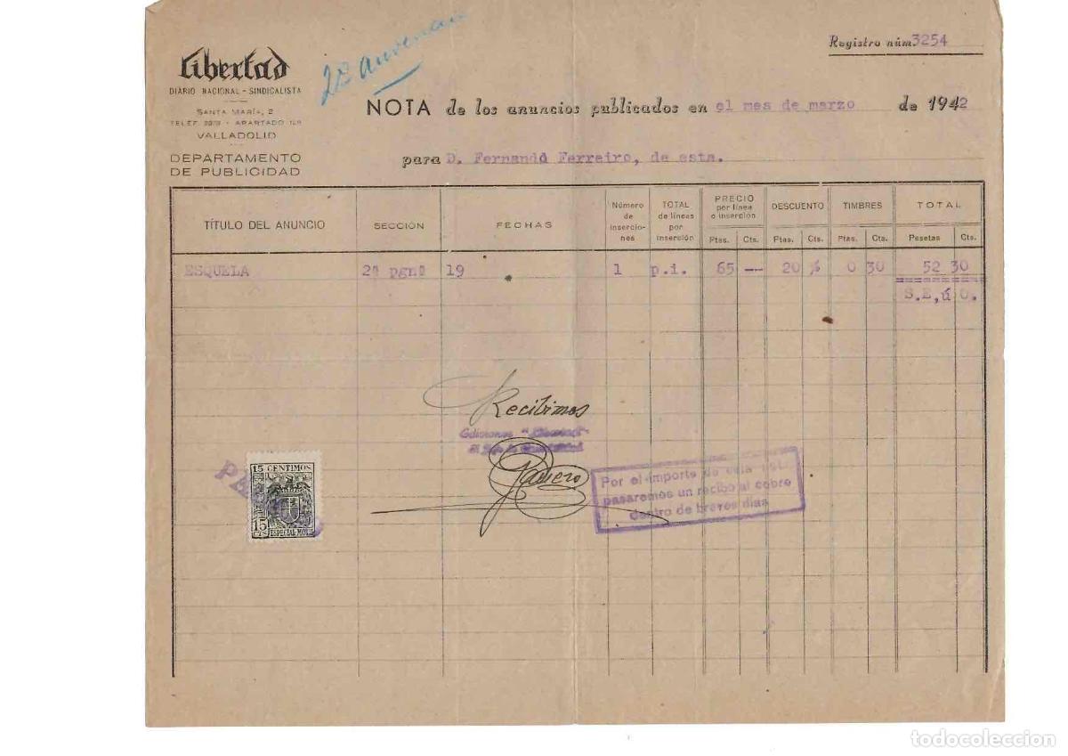 Facturas antiguas: FACTURA DE ANUNCIOS PUBLICADOS EN DIARIO NACIONAL SINDICALISTA LIBERTAD. VALLADOLID, 1942