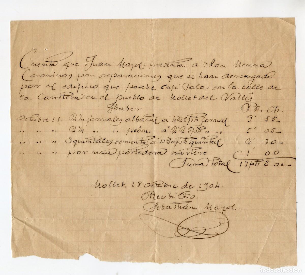 Facturas antiguas: Recibo manuscrito de reparaciones en edificio. Mollet del Vall&egrave;s Octubre 1904 - Foto 1
