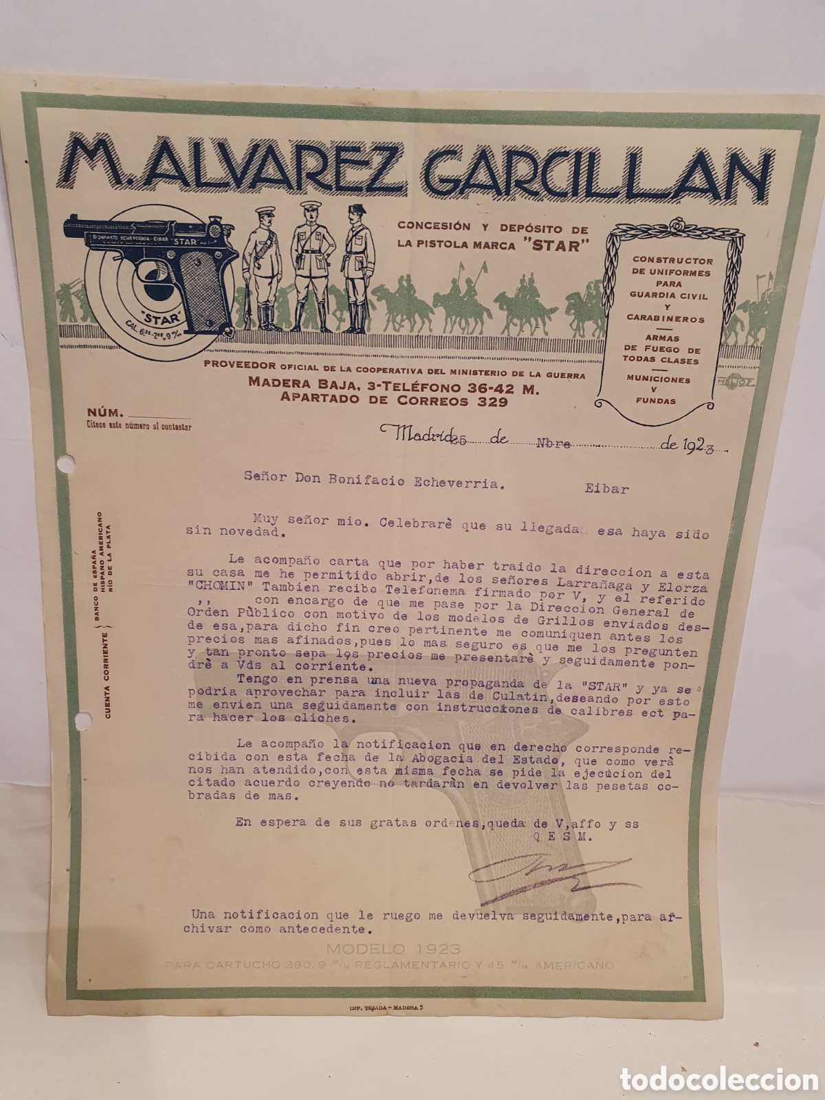 Facturas antiguas: M. ALVAREZ GARCILLAN. PROVEEDOR GUARDIA CIVIL, CARAVINEROS. DEPOSITO ARMAS DE FUEGO. MADRID 192.