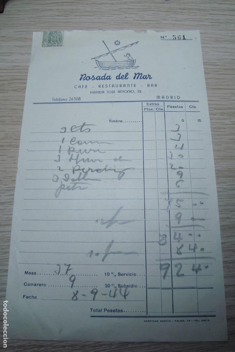 Facturas antiguas: ANTIGUA FACTURA POSADA DEL MAR. CAFE RESTAURANTE BAR. MADRID 1944.