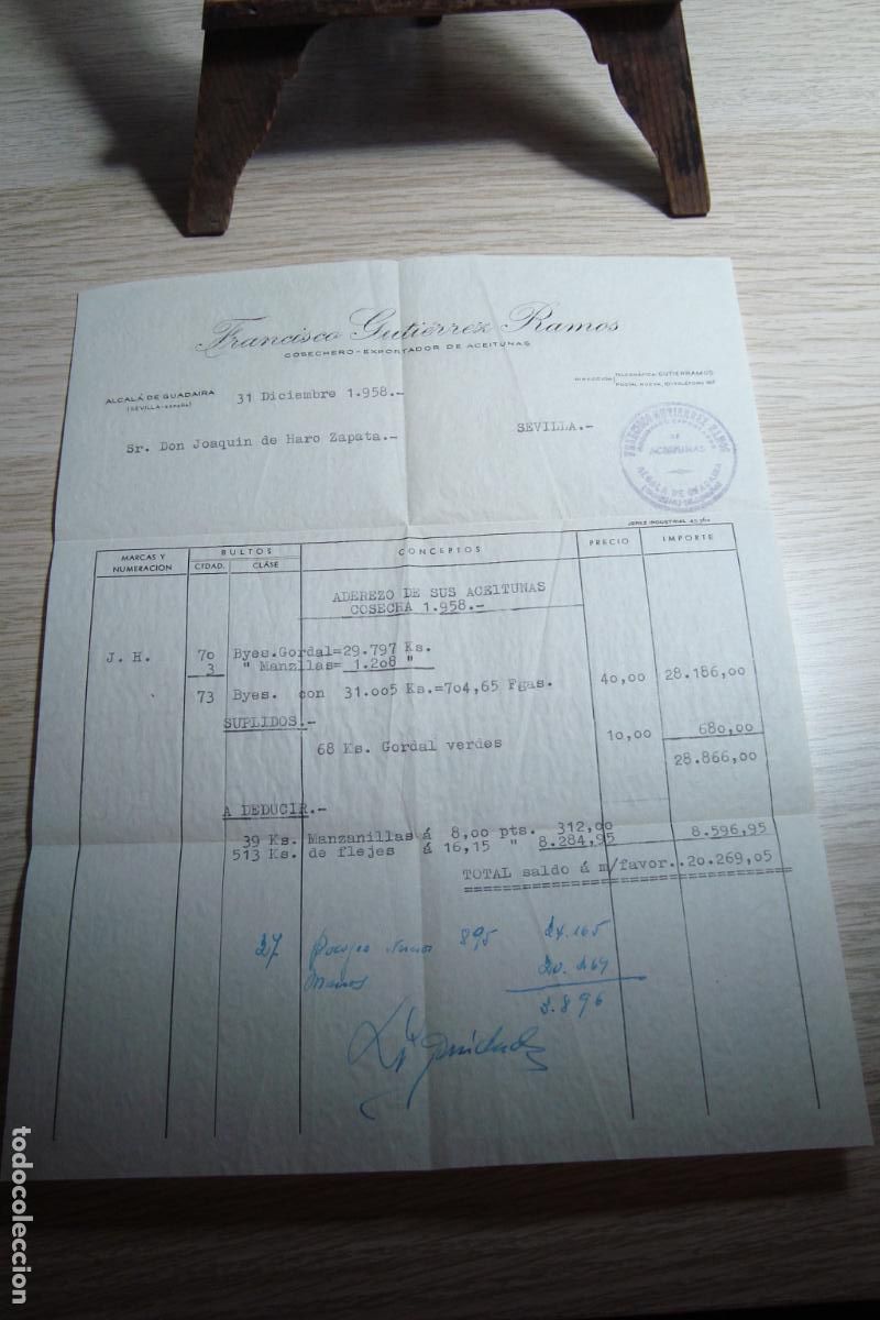 Facturas antiguas: ANTIGUA FACTURA FRANCISCO GUTIERREZ RAMOS. COSECHERO ACEITUNAS. ALCALA GUADAIRA SEVILLA 1958