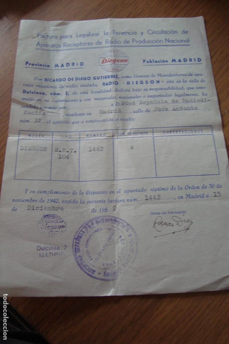 Facturas antiguas: ANTIGUA FACTURA DIEGSON TENENCIA Y CIRCULACION RECEPTORES RADIO MADRID 1952