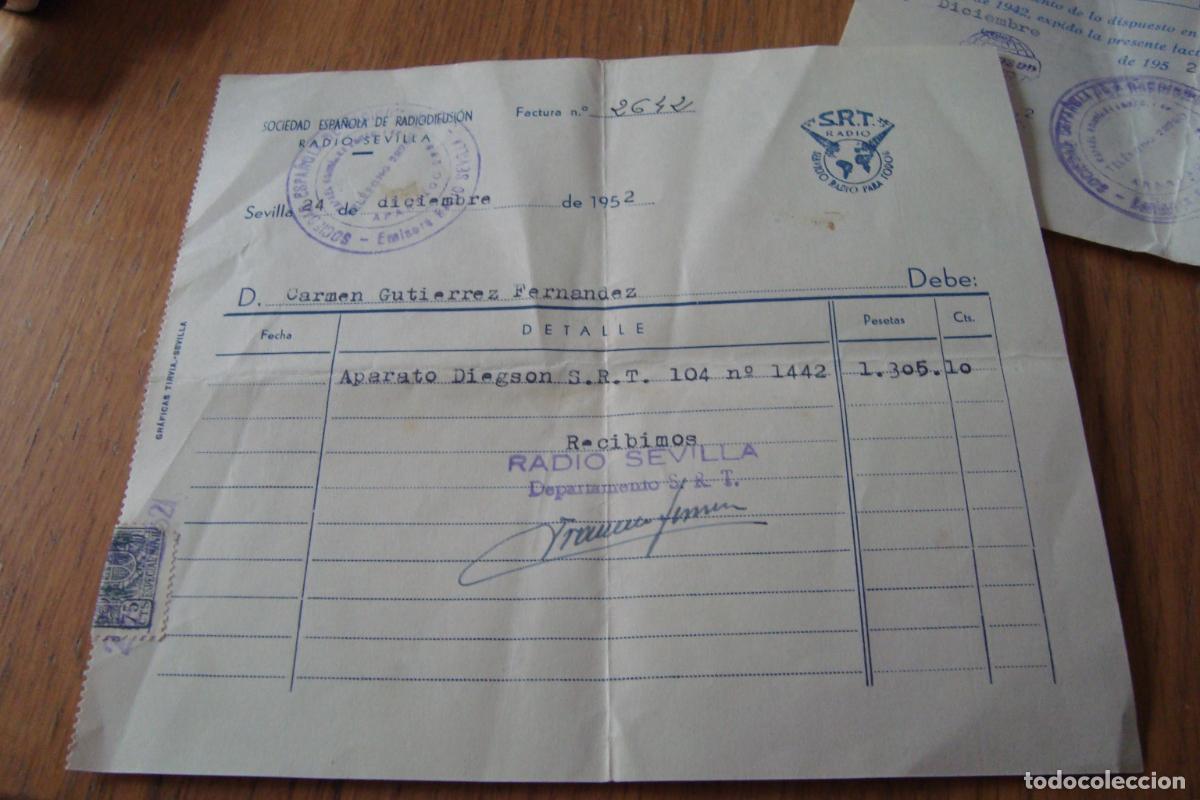 Facturas antiguas: ANTIGUA FACTURA SRT RADIO. SOCIEDAD ESPA&Ntilde;OLA RADIODIFUSION SEVILLA 1952