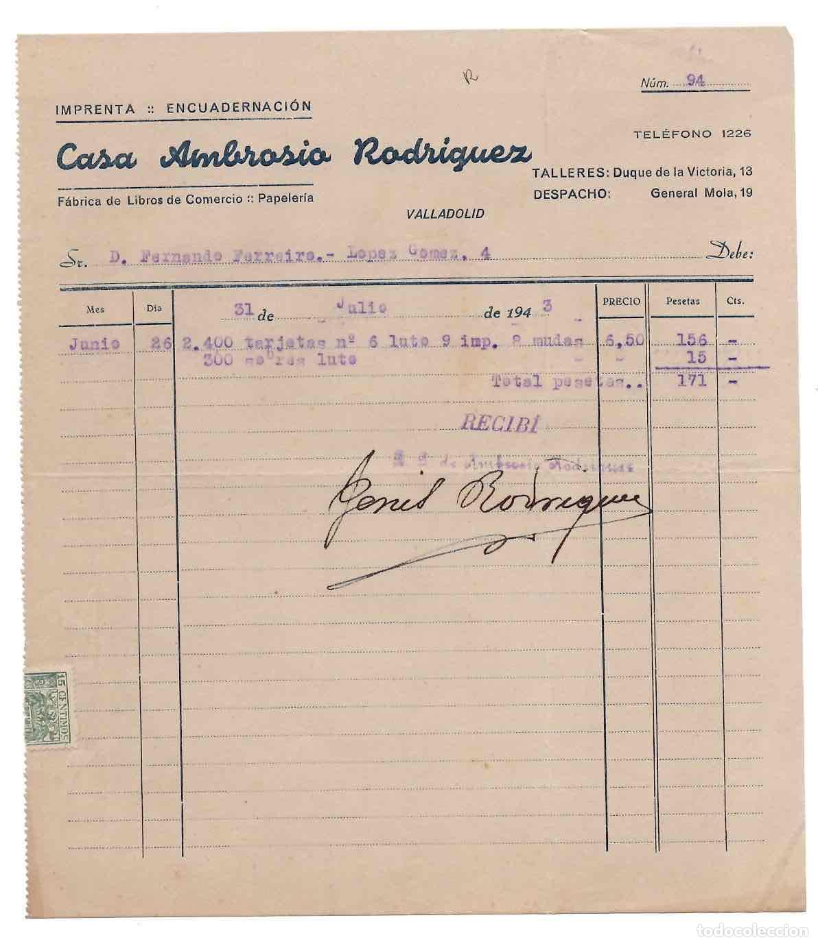 Facturas antiguas: FACTURA IMPRENTA ENCUADERNACION CASA AMBROSIO RODRIGUEZ. VALLADOLID, 1943