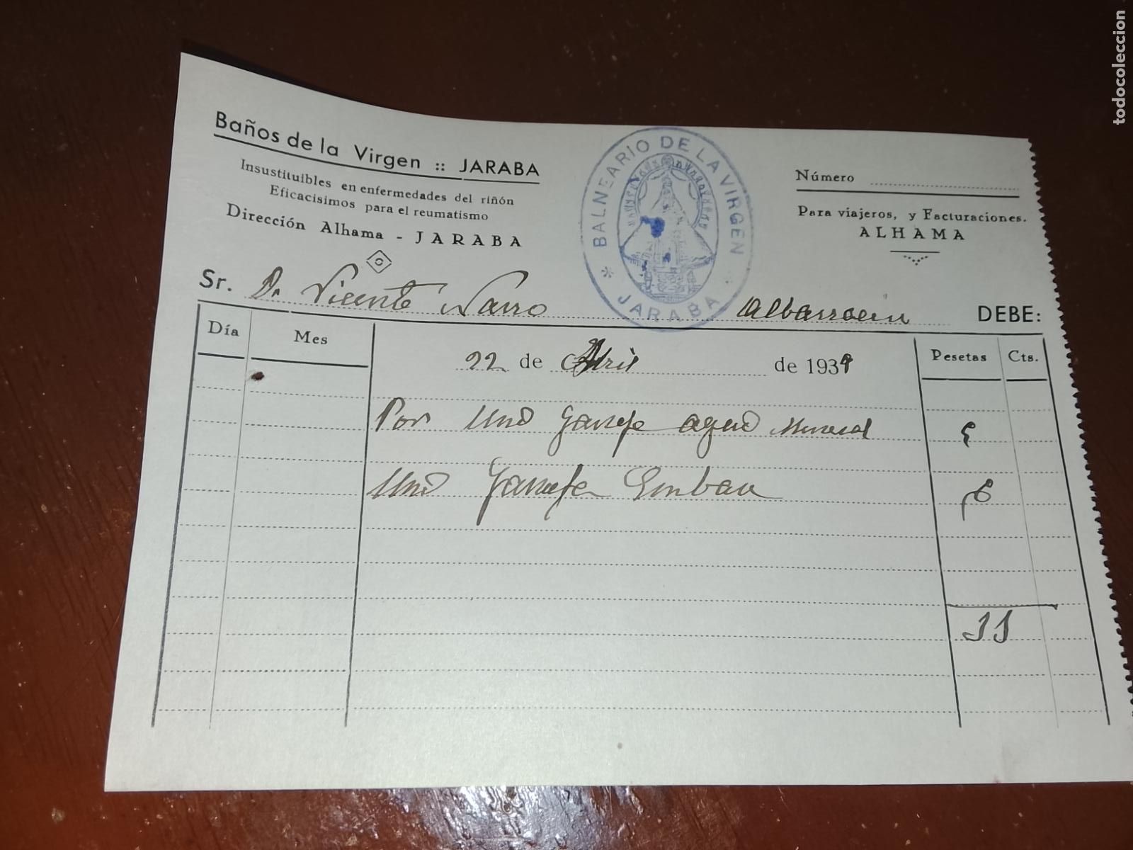 Facturas antiguas: Factura Hist&oacute;rica Balneario de la Virgen (Jaraba) - Abril 1939 - Reci&eacute;n terminada la Guerra Civil