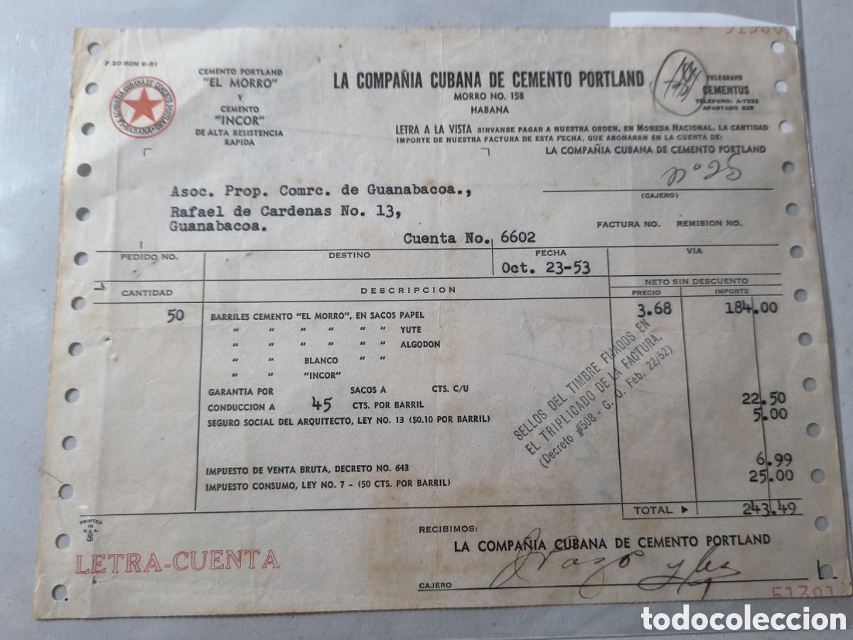 Facturas antiguas: Cuba,factura comercial cemento Portland ,a&ntilde;o 1953