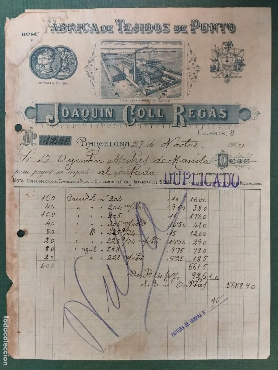 Facturas antiguas: FACTURA FABRICA DE TEJIDOS DE PUNTO JOAQUIN COLL REGAS MATARO 1900