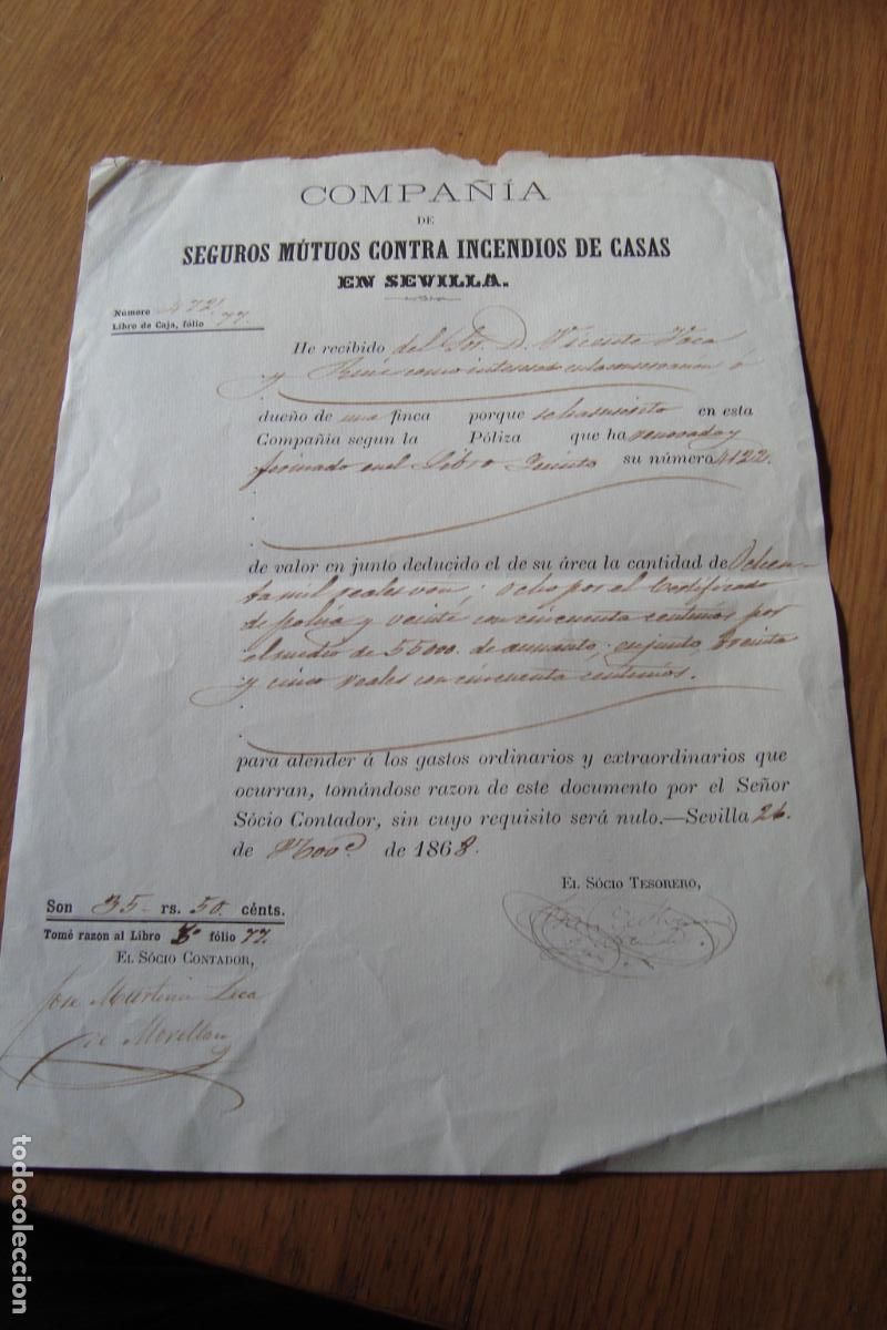 Facturas antiguas: ANTIGUO RECIBO COMPA&Ntilde;IA SEGUROS INCENDIOS SEVILLA 1868. VICENTE VACA RUIZ.