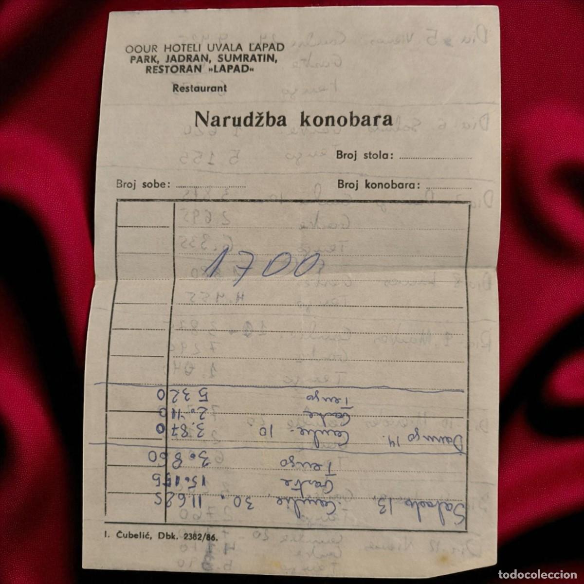 Facturas antiguas: Antigua Comanda De Restaurante En Hotel Yugoslavo &ndash; A&ntilde;o 1986