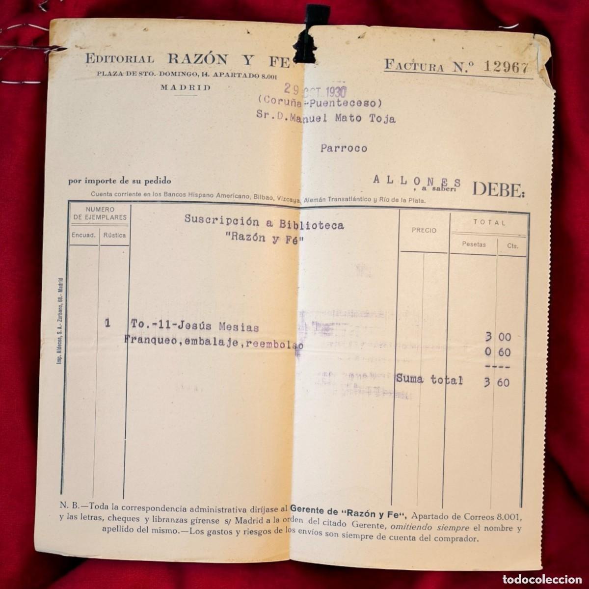 Facturas antiguas: Factura Original 1930 Editorial Raz&oacute;n y Fe &ndash; Documento Hist&oacute;rico Religioso