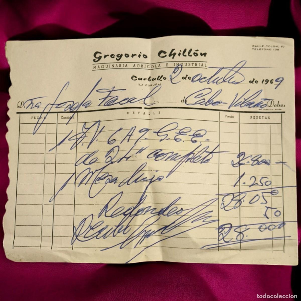 Facturas antiguas: Antigua Factura Agr&iacute;cola A&ntilde;o 1969 &ndash; Gregorio Chill&oacute;n &ndash; Carballo La Coru&ntilde;a