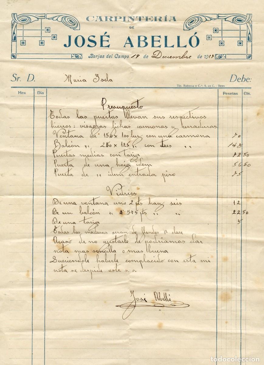 Facturas antiguas: Les Borges del Camp. Antiga Factura fusteria Jos&eacute; Abell&oacute;, desembre 1927