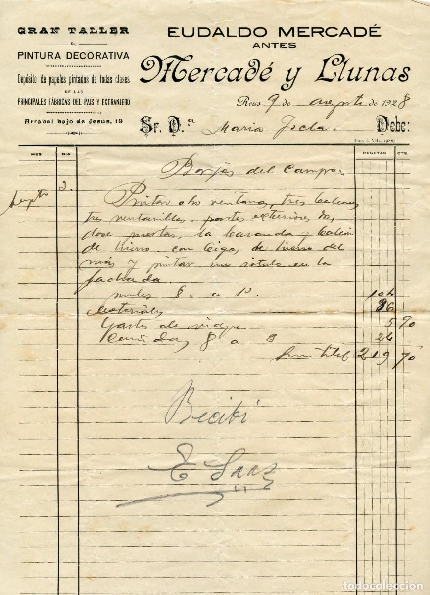 Facturas antiguas: Reus. Antiga factura de Mercad&eacute; y Llunas, taller de pintura decorativa. 9 Agost 1928