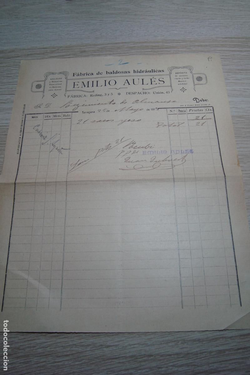 Facturas antiguas: ANTIGUA FACTURA EMILIO AULES FABRICA BALDOSAS HIDRAULICAS TARRAGONA 1918.