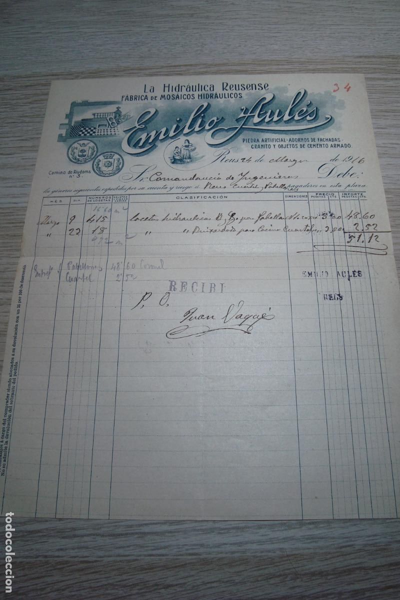 Facturas antiguas: ANTIGUA FACTURA EMILIO AULES. LA HIDRAULICA REUSENSE. FABRICA MOSAICOS HIDRAULICOS. REUS 1916.