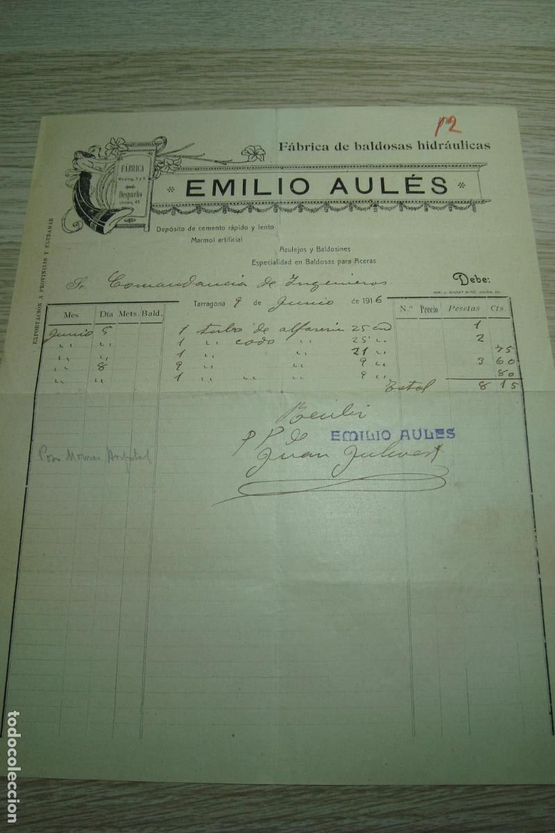 Facturas antiguas: ANTIGUA FACTURA EMILIO AULES FABRICA BALDOSAS HIDRAULICAS TARRAGONA 1916.