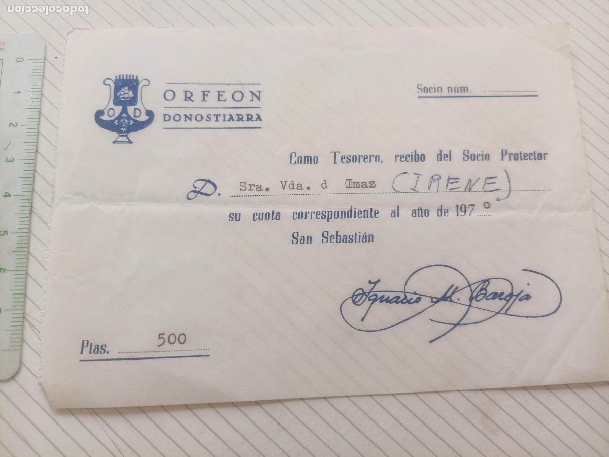 Facturas antiguas: San Sebasti&aacute;n. Orfe&oacute;n donostiarra. Recibo