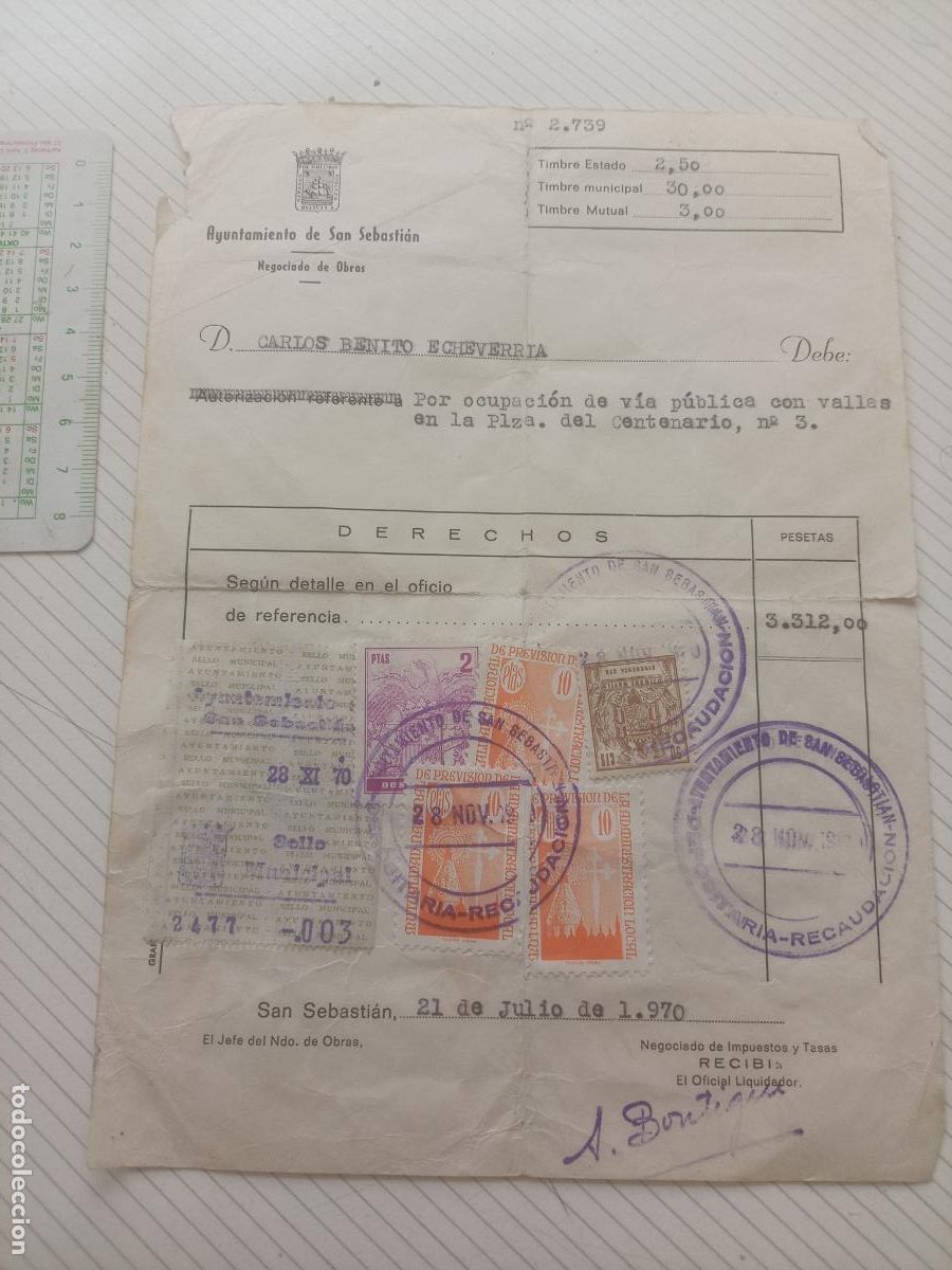 Facturas antiguas: San Sebasti&aacute;n. Documento con timbres fiscales Mutualidad de Previsi&oacute;n de la Administraci&oacute;n Local