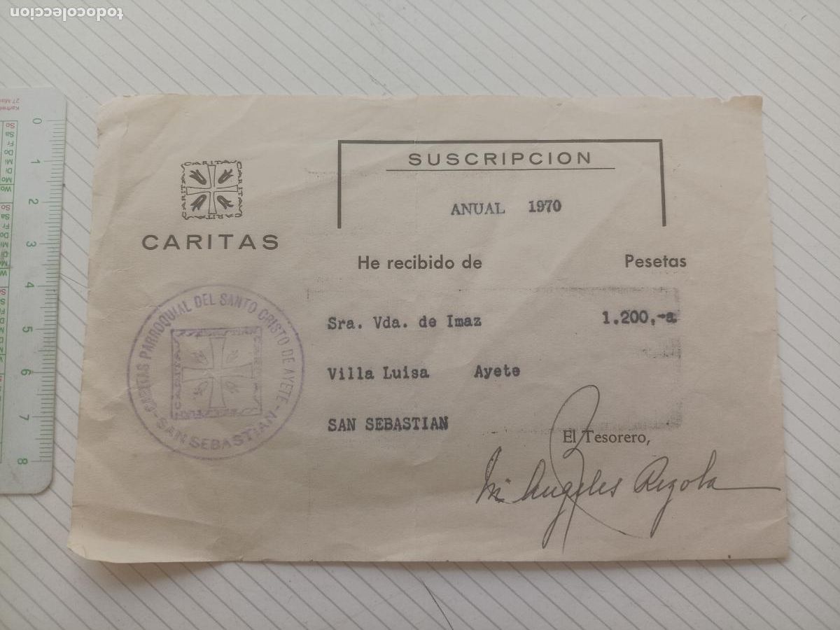 Facturas antiguas: Recibo. CARITAS San Sebasti&aacute;n