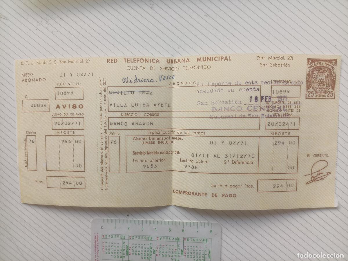 Facturas antiguas: San Sebasti&aacute;n Red Telef&oacute;nica Urbana Municipal. Timbre pre-impreso de beneficencia 25 c&eacute;ntimos