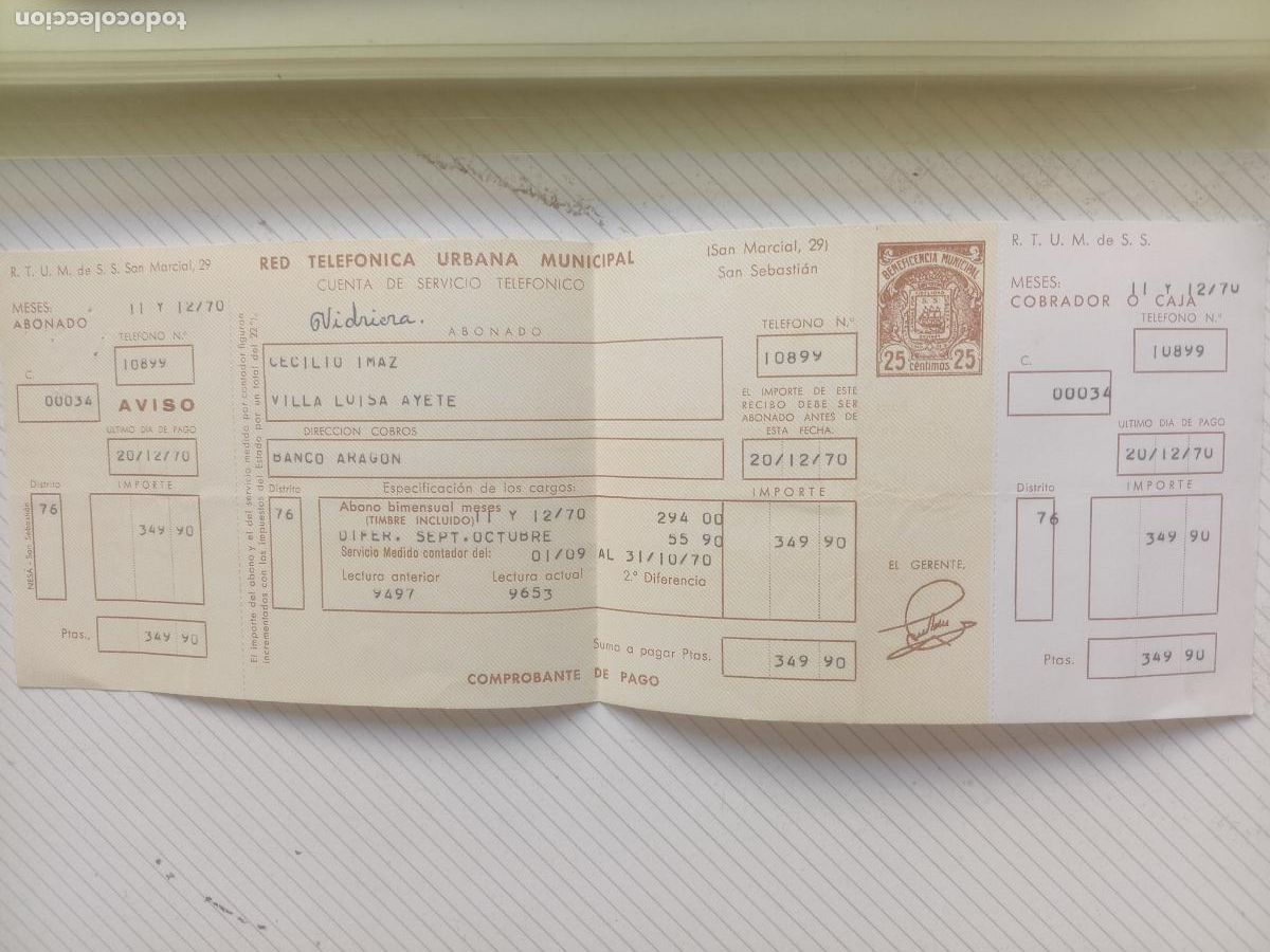 Facturas antiguas: San Sebasti&aacute;n Red Telef&oacute;nica Urbana Municipal. Timbre pre-impreso de beneficencia 25 c&eacute;ntimos