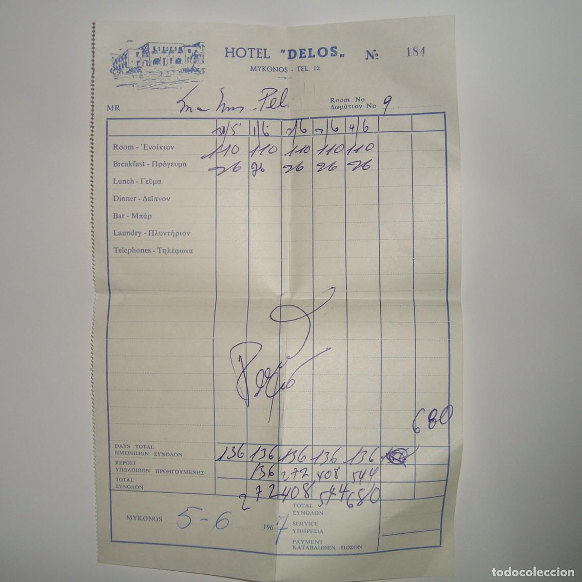 Facturas antiguas: DOCUMENTO VINTAGE: Factura HOTEL DELOS MYKONOS 1967 Grecia. Papel antiguo, coleccionismo.