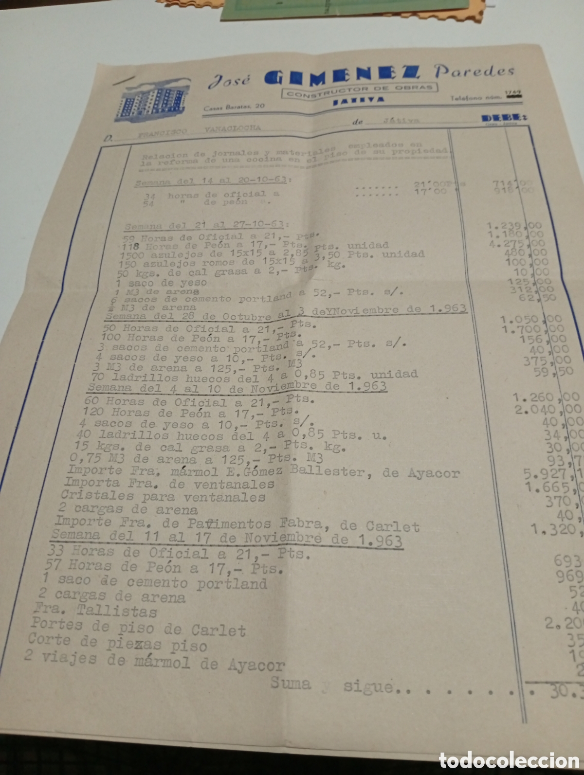 Facturas antiguas: Facturas Jose Gim&eacute;nez Paredes constructor de obras J&Aacute;TIVA 1964