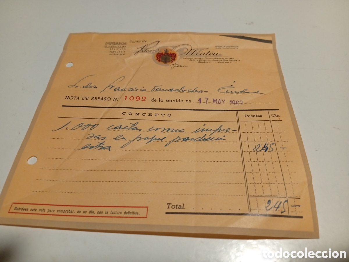 Facturas antiguas: Factura impresos viuda de Ricardo Mateu, J&aacute;tiva 1963
