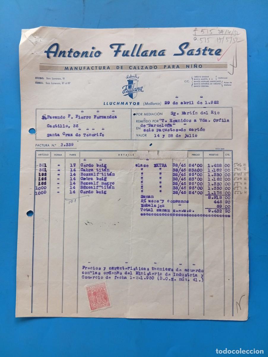 Facturas antiguas: FACTURA. LLUCHMAYOR, MALLORCA. 1952. MANUFACTURA DE CALZADO PARA NI&Ntilde;O. ANTONIO FULLANA SASTRE.