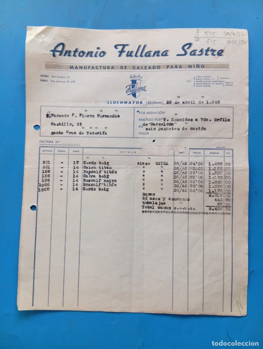 Facturas antiguas: FACTURA. LLUCHMAYOR, MALLORCA. 1952. CALZADOS FULLANA. ANTONIO FULLANA SASTRE.