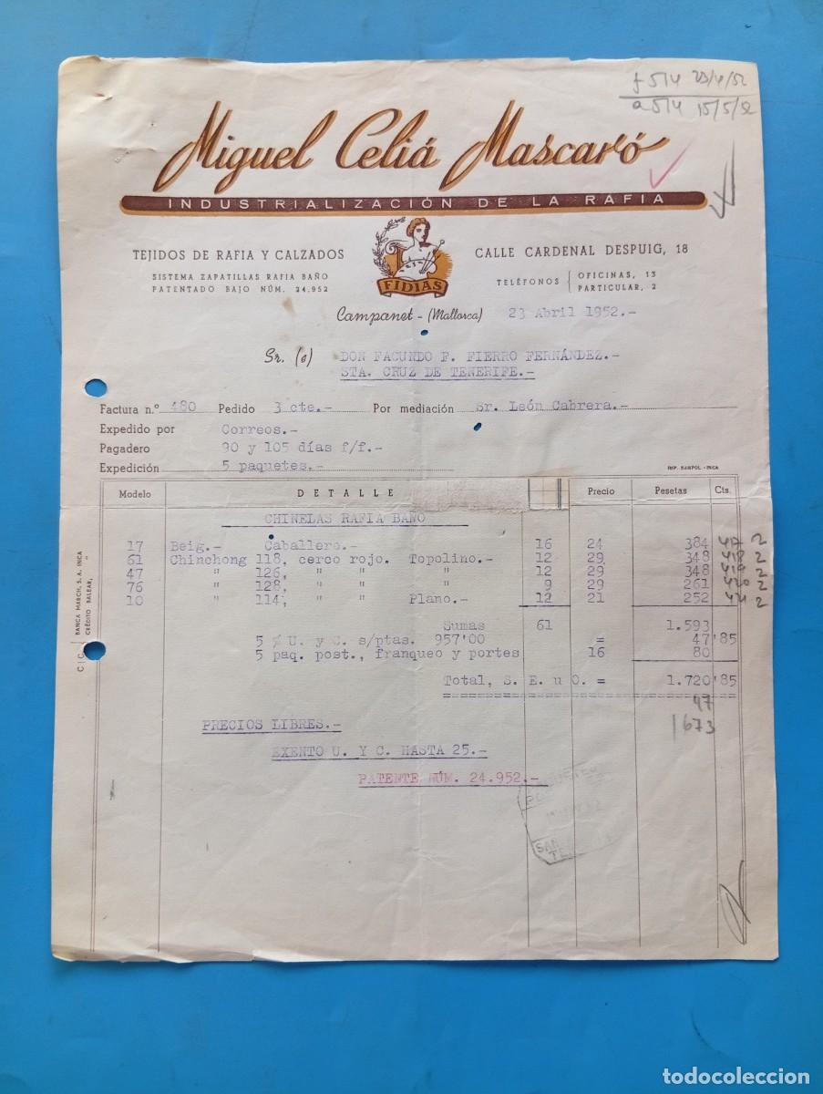 Facturas antiguas: FACTURA. CAMPANET, MALLORCA. 1952. INDUSTRIALIZACION DE LA RAFIA. MIGUEL CELI&Aacute; MASCAR&Oacute;.