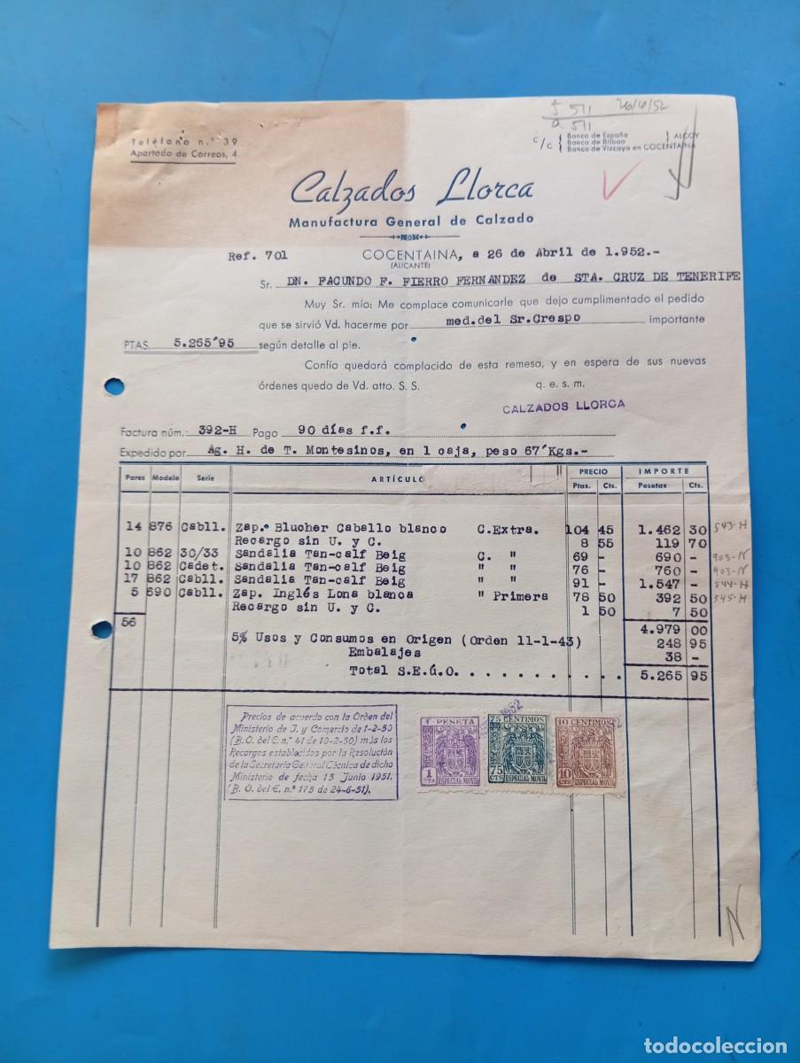 Facturas antiguas: FACTURA. CONCENTAINA, ALICANTE. 1952. CALZADOS LLORCA. MANUFACTURA GENERAL DE CALZADO.