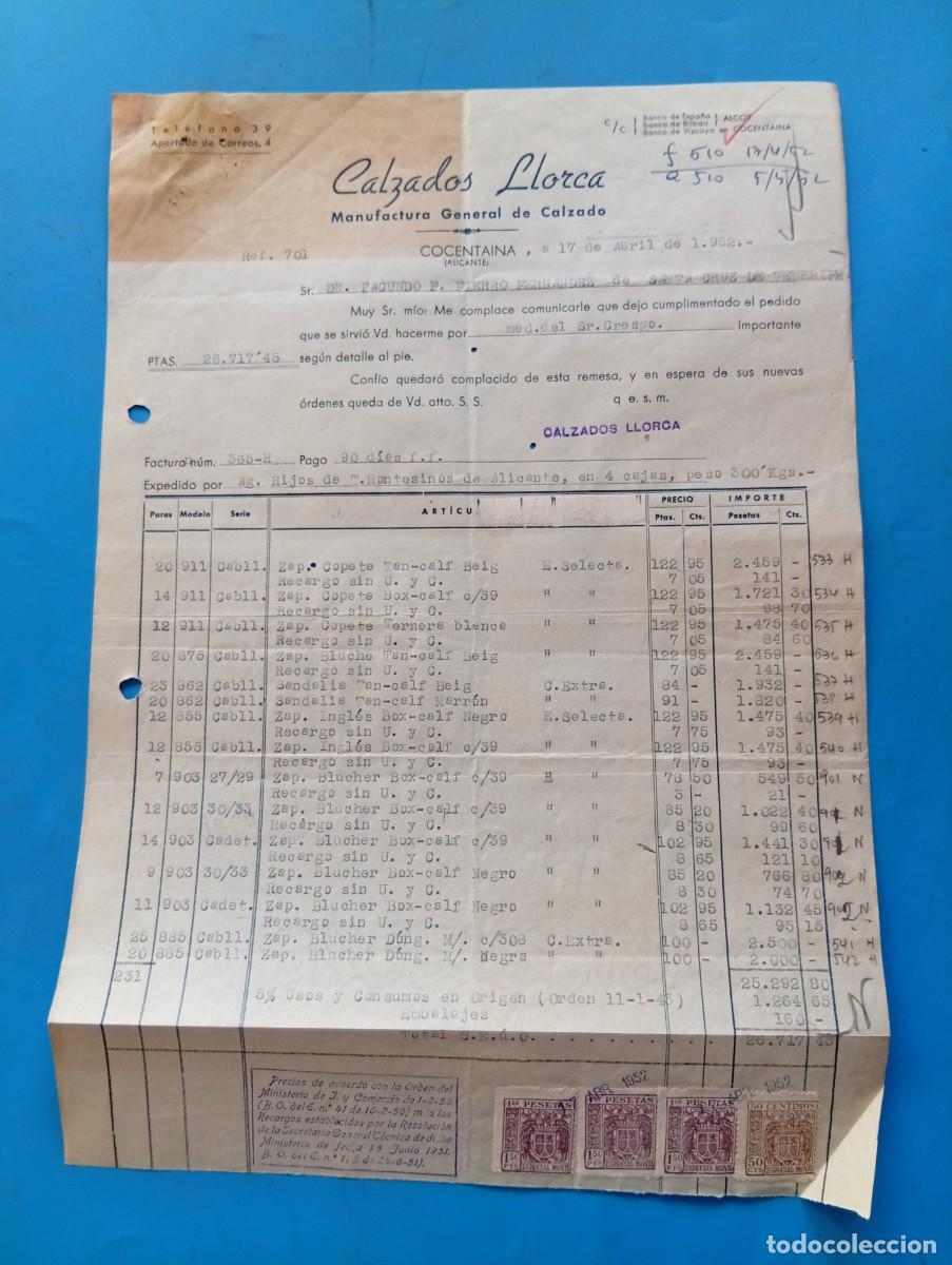 Facturas antiguas: FACTURA. CONCENTAINA, ALICANTE. 1952. CALZADOS LLORCA. MANUFACTURA GENERAL DE CALZADO.