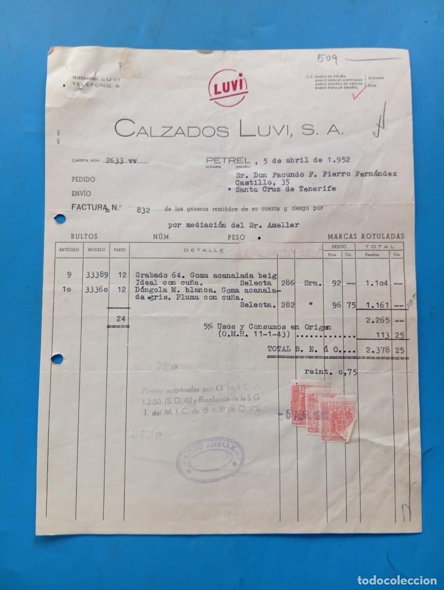 Facturas antiguas: FACTURA. PETREL, ALICANTE. 1952. LUVI. CALZADOS LUVI, S. A.