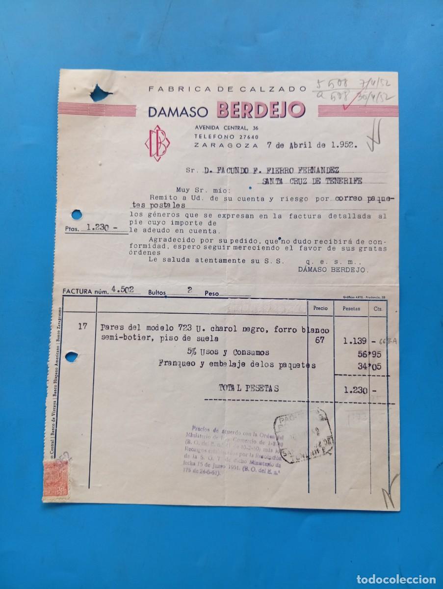 Facturas antiguas: FACTURA. ZARAGOZA. 1952. FABRICA DE CALZADO. DAMASO BERDEJO.