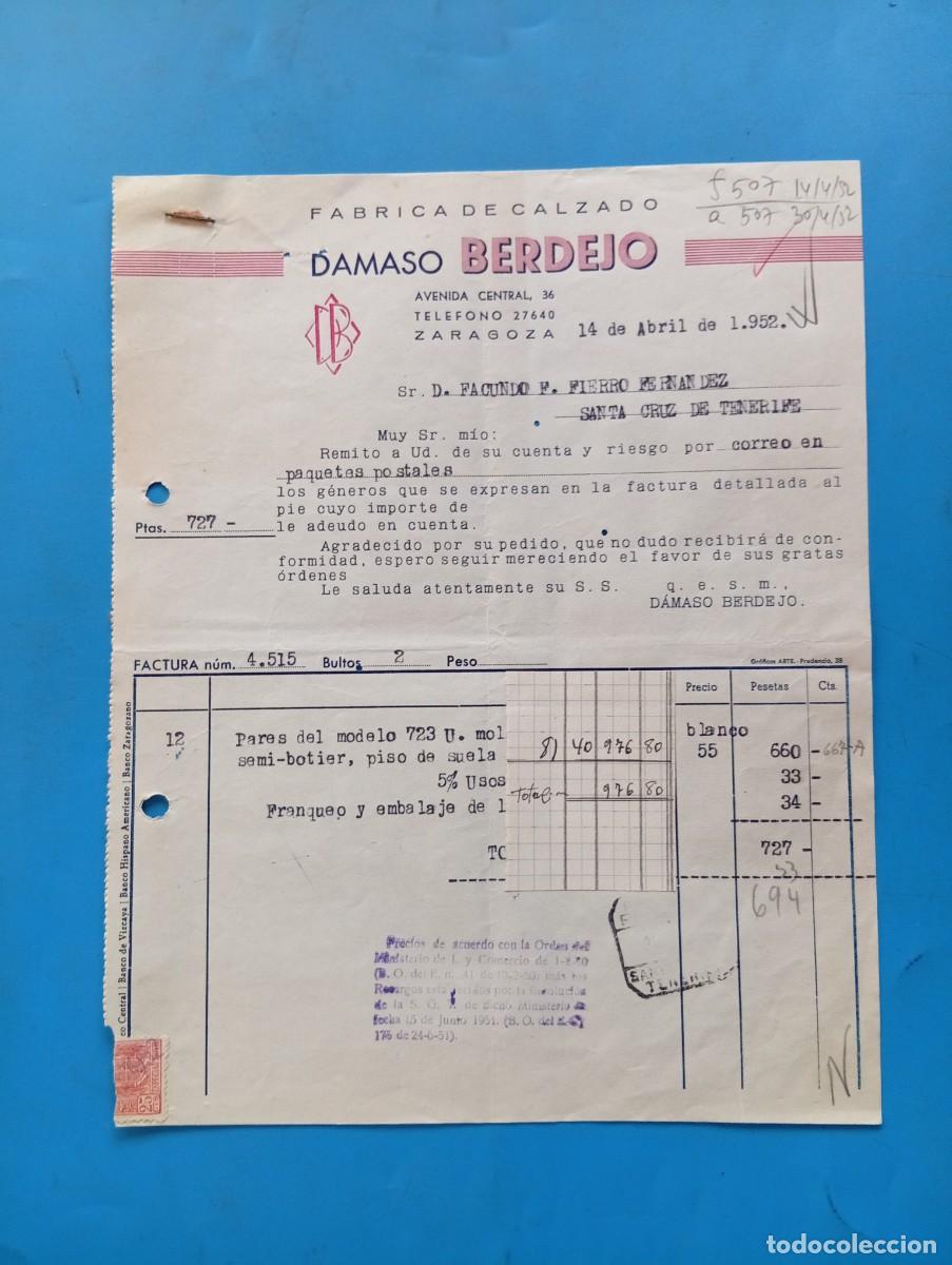 Facturas antiguas: FACTURA. ZARAGOZA. 1952. FABRICA DE CALZADO. DAMASO BERDEJO.