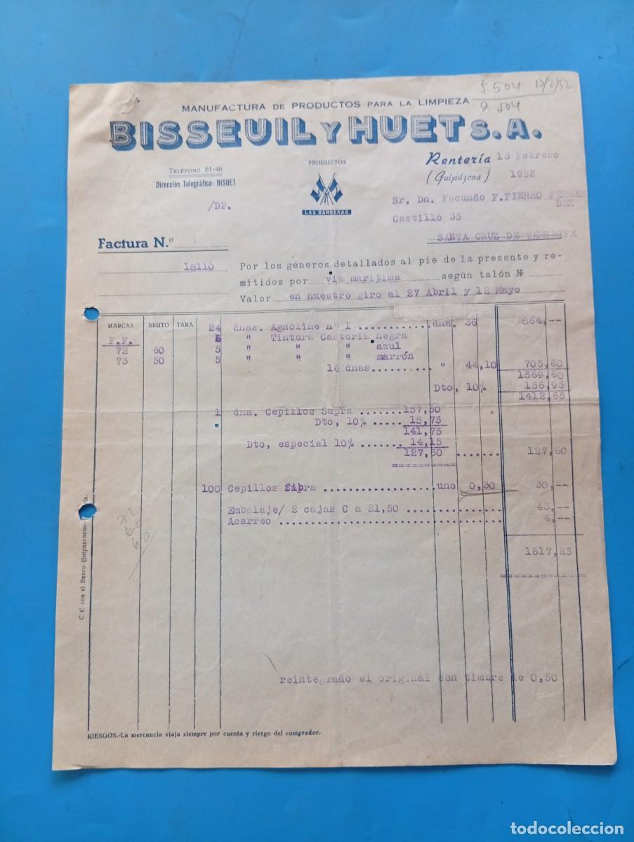 Facturas antiguas: FACTURA. RENTERIA, GUIPUZCOA. 1952. PRODUCTOS PARA LA LIMPIEZA. BISSEUIL Y HUET S.A.